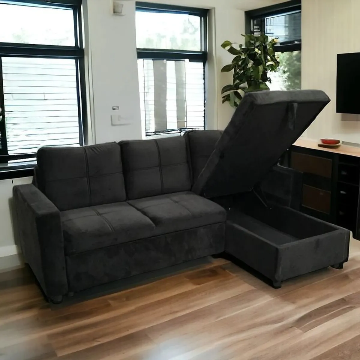 Black Corner Sofa Bed with Storage Brand New 215cms - Image 2