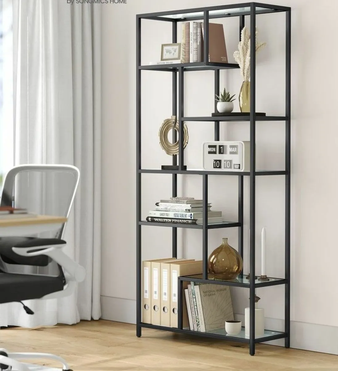 Bookcase with 6 shelves ink black - transparent gl - Image 1