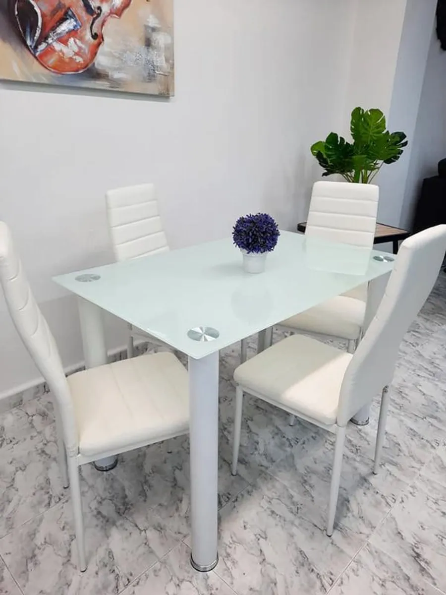White Compact Glass Dining Table Set Seats 4 FREE Delivery - Image 1