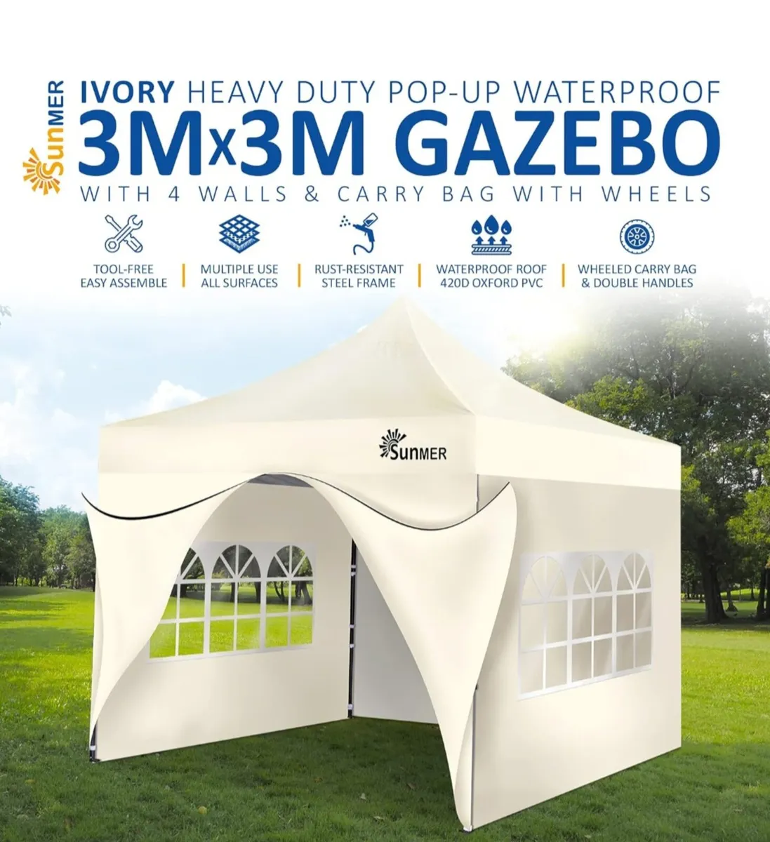 SUNMER 3x3M Pop-Up Gazebo with 4 Sides - Fully Wat - Image 3