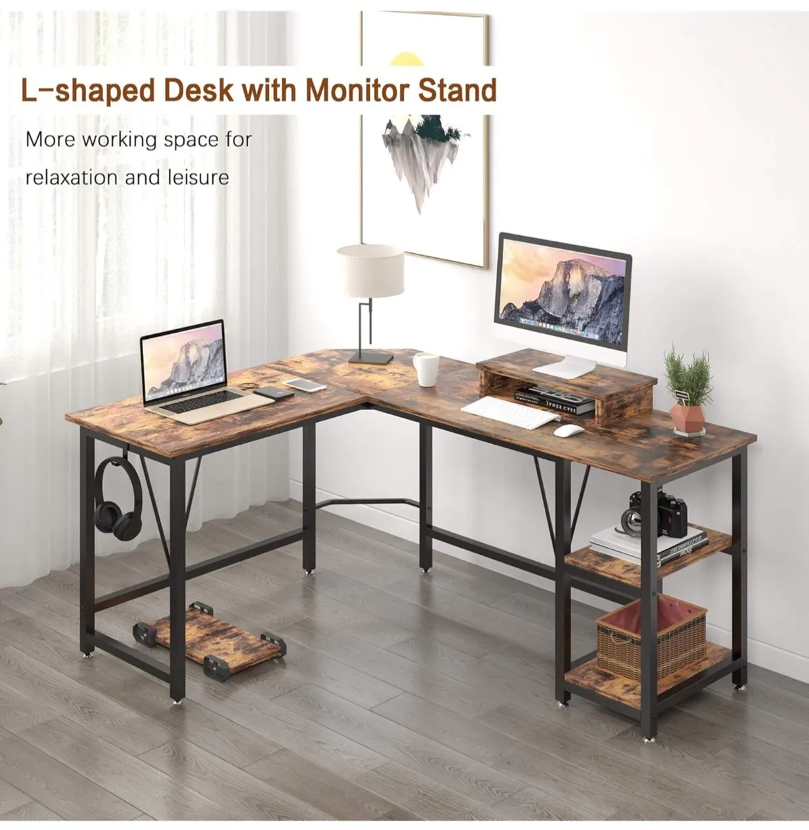 Computer desk, L-shaped Desk with 2-Layer Shelves, - Image 3