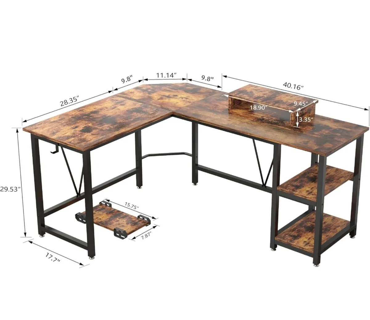 Computer desk, L-shaped Desk with 2-Layer Shelves, - Image 4