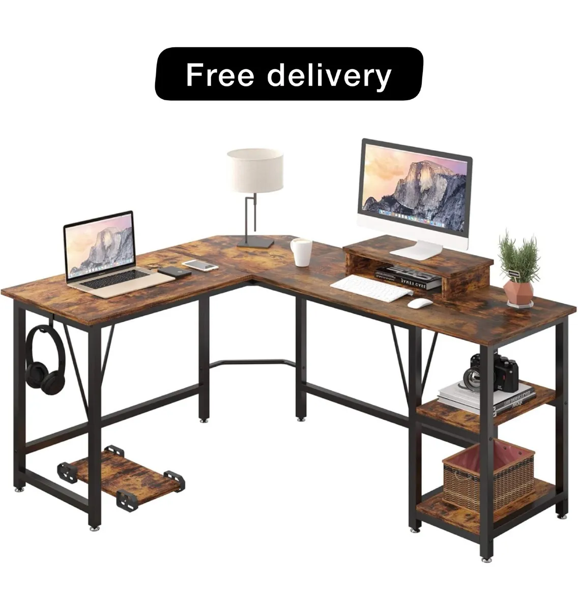 Computer desk, L-shaped Desk with 2-Layer Shelves, - Image 1