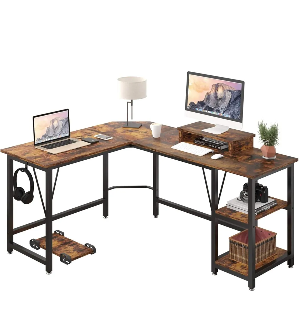Computer desk, L-shaped Desk with 2-Layer Shelves, - Image 1