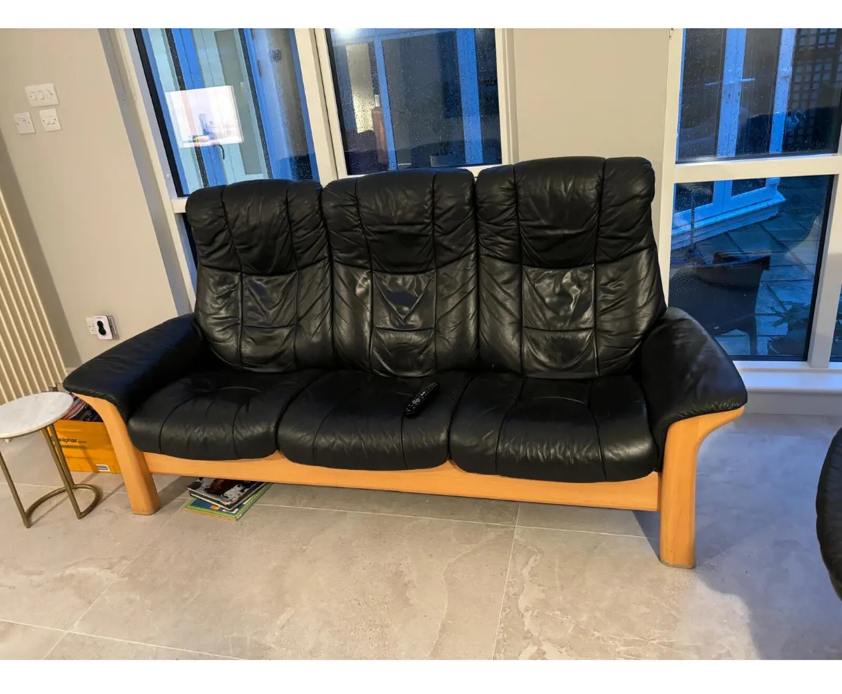 leather sofa, chair and footstool - Image 1