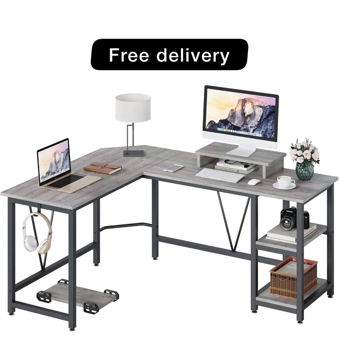 Computer desk, L-shaped Desk with 2-Layer Shelves, - Image 1