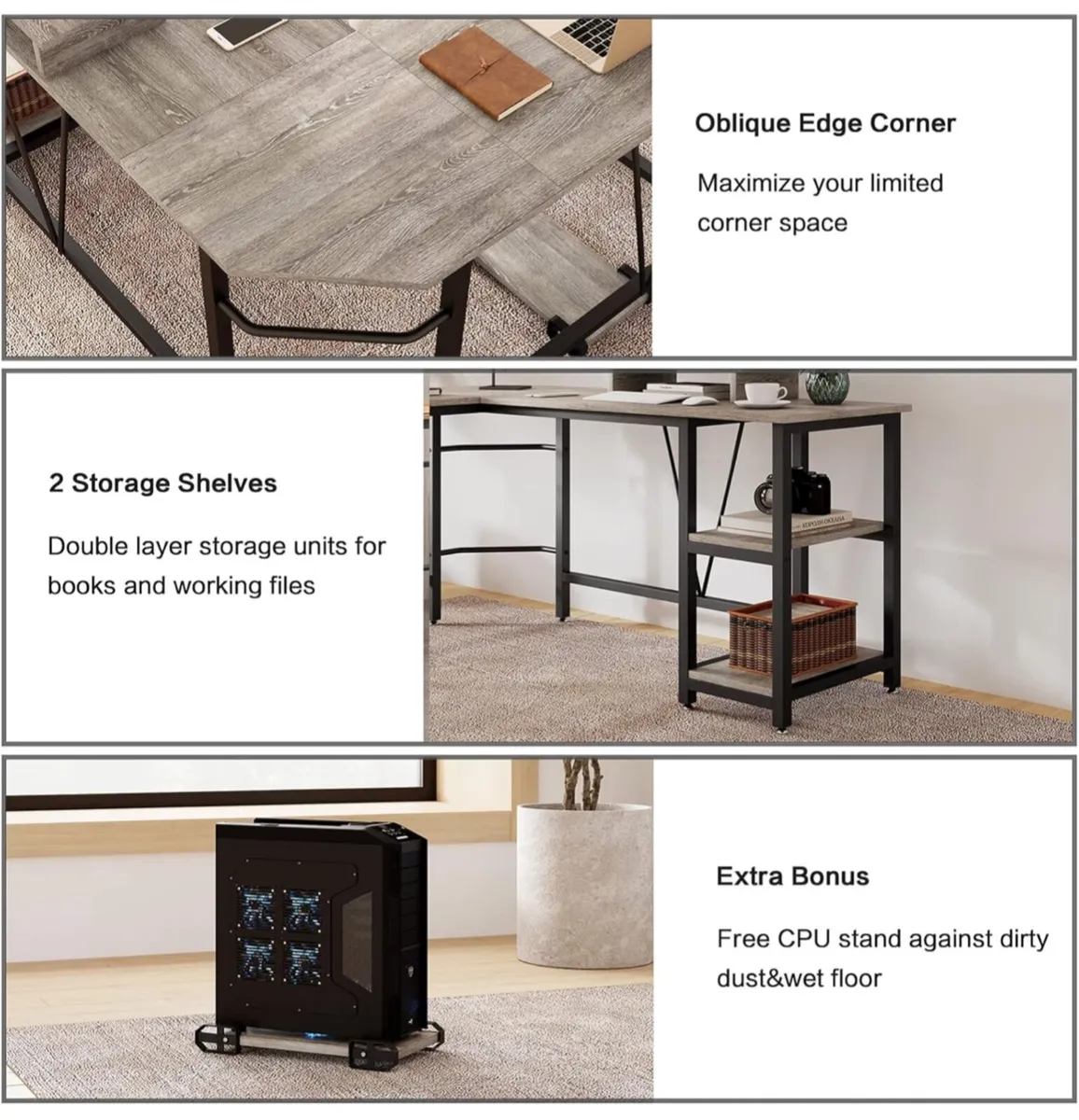 Computer desk, L-shaped Desk with 2-Layer Shelves, - Image 2