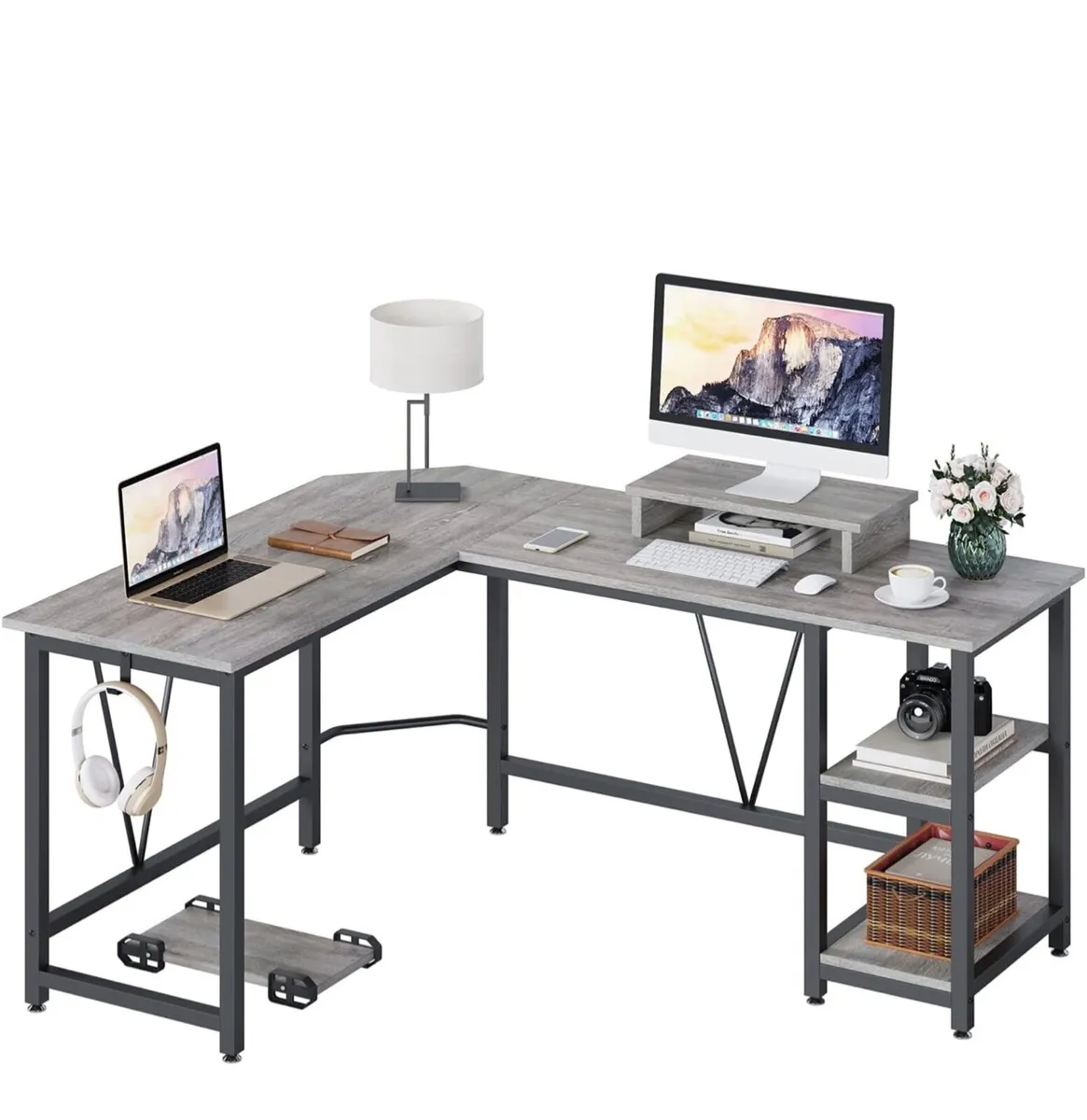 Computer desk, L-shaped Desk with 2-Layer Shelves, - Image 4