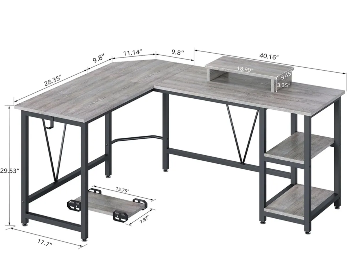 Computer desk, L-shaped Desk with 2-Layer Shelves, - Image 2