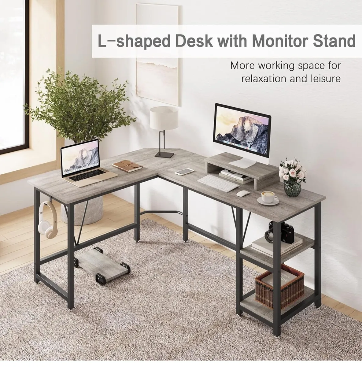 Computer desk, L-shaped Desk with 2-Layer Shelves, - Image 4