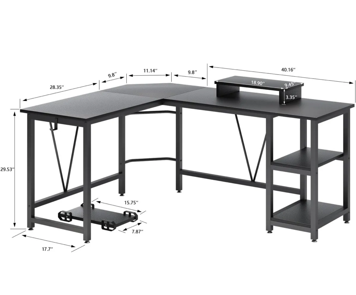 Computer desk, L-shaped Desk with 2-Layer Shelves, - Image 3