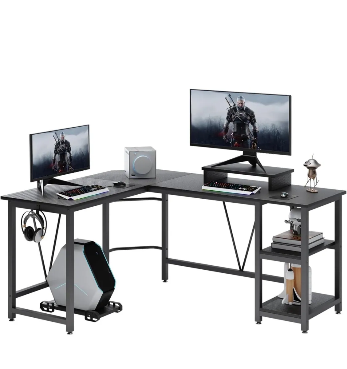 Computer desk, L-shaped Desk with 2-Layer Shelves, - Image 4