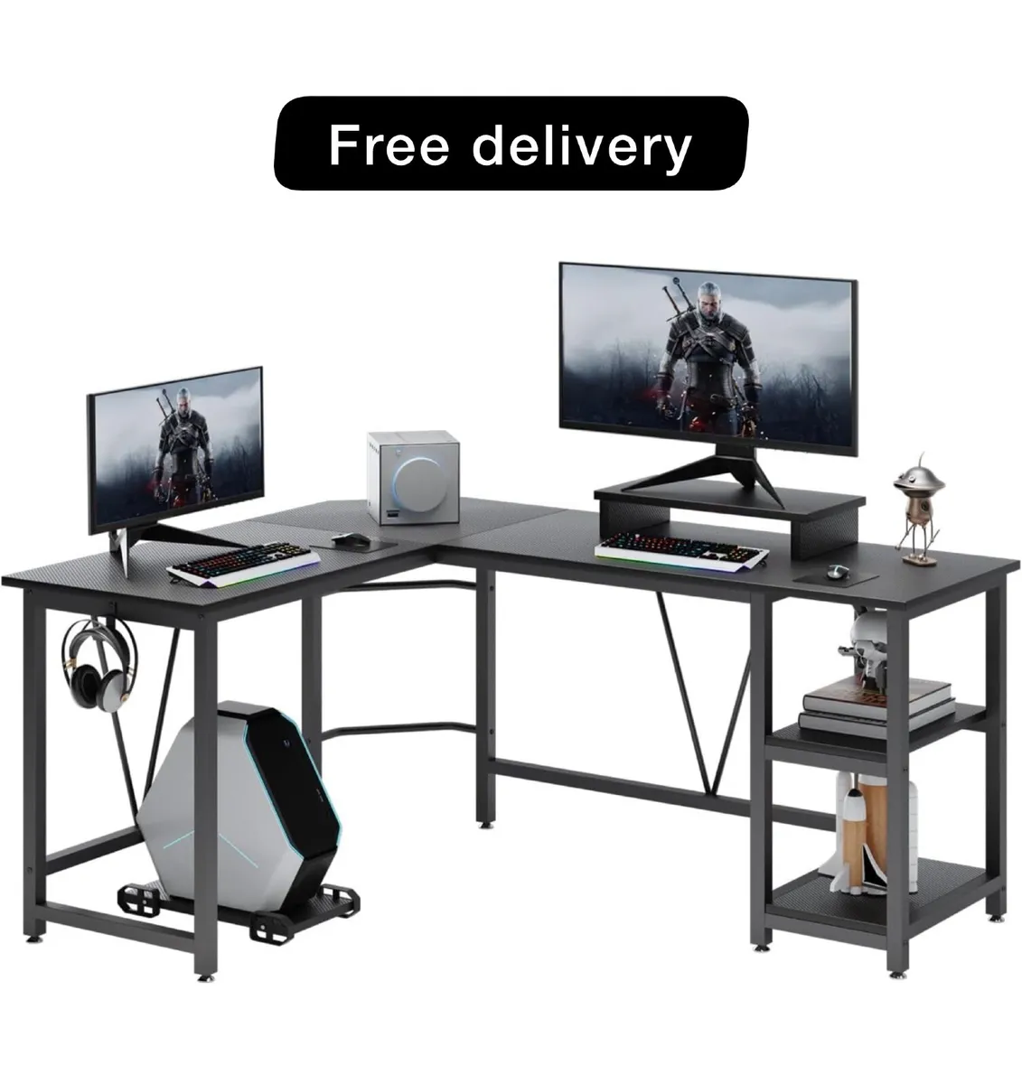 Computer desk, L-shaped Desk with 2-Layer Shelves, - Image 1