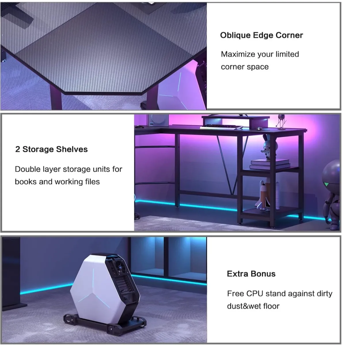 Computer desk, L-shaped Desk with 2-Layer Shelves, - Image 2