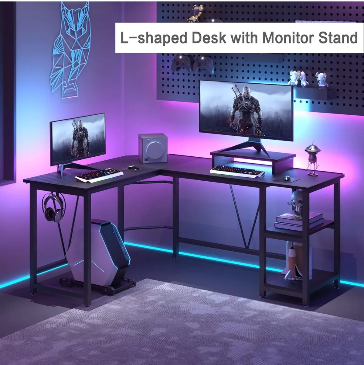 Computer desk, L-shaped Desk with 2-Layer Shelves, - Image 4