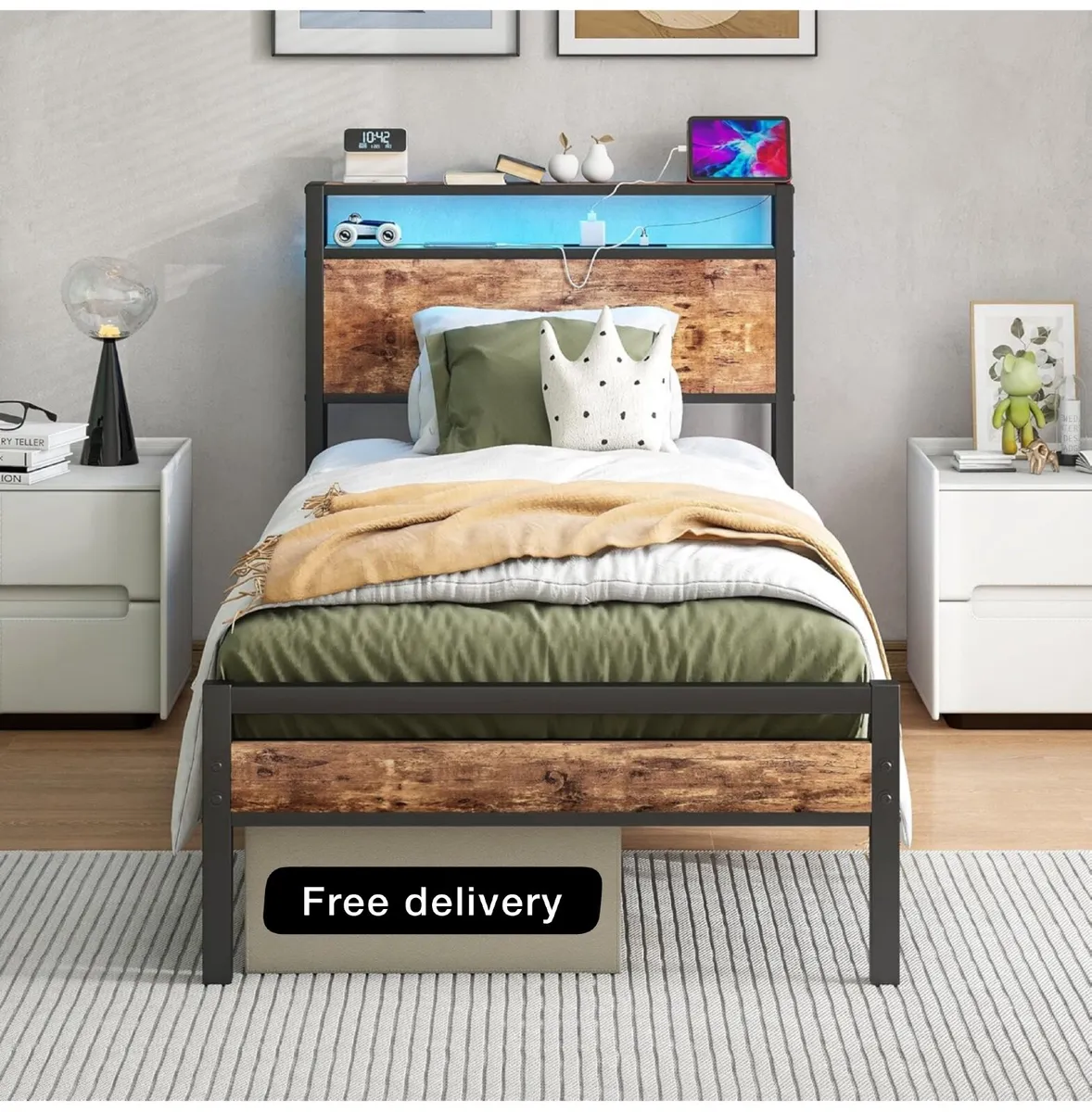 Single Bed Frame with Storage Shelf Headboard & LE - Image 1