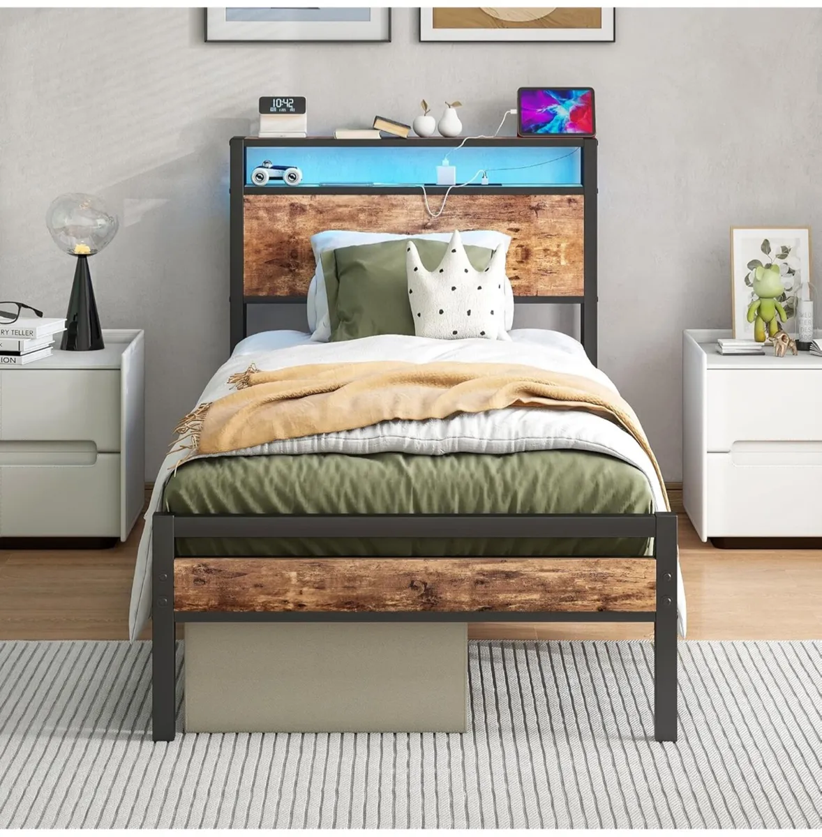 Single Bed Frame with Storage Shelf Headboard & LE - Image 1