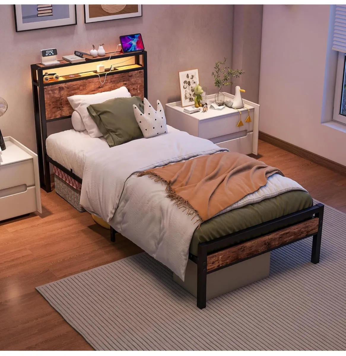 Single Bed Frame with Storage Shelf Headboard & LE - Image 3