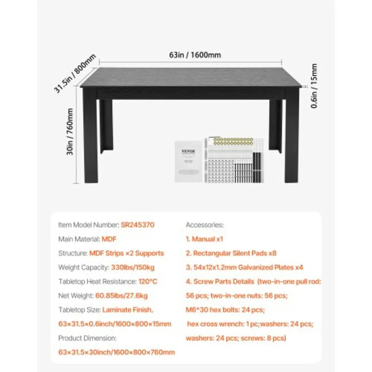 63in Rectangle Dining Table Wood Kitchen Table for - Image 2