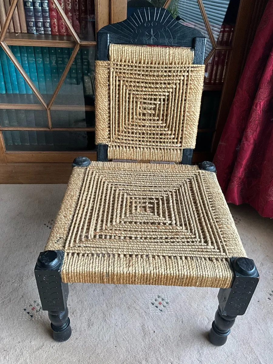 Vintage Indian Tribal Hand Carved Low Chair 1920s - Image 2