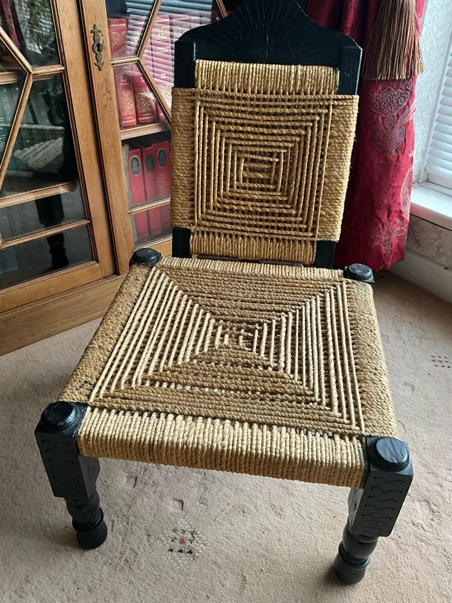 Vintage Indian Tribal Hand Carved Low Chair 1920s - Image 1