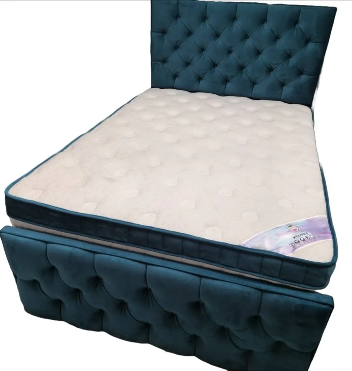 NEW Double bed with Mattress and Pin cushion headboard green Brand New was 1100 - Image 1