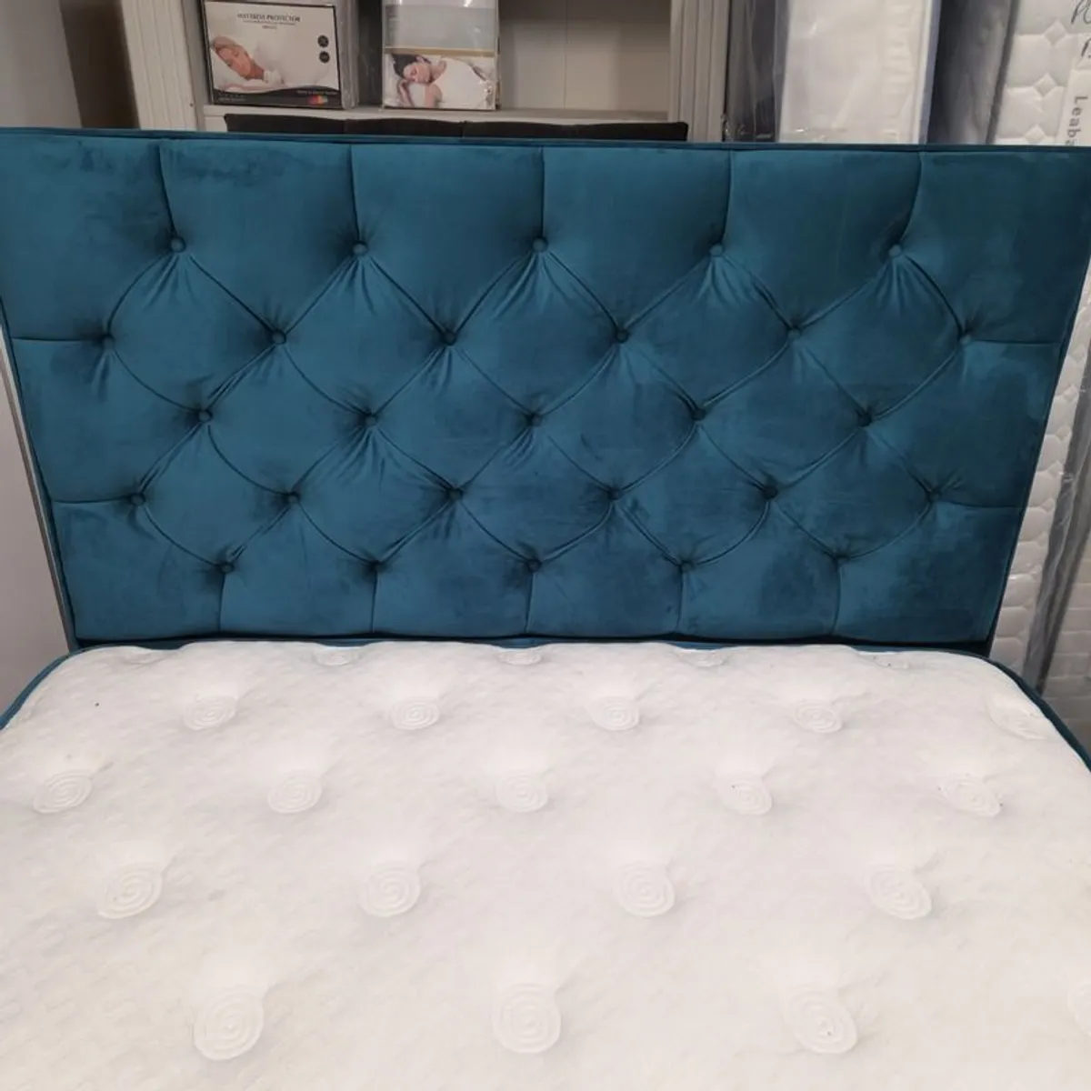 NEW Double bed with Mattress and Pin cushion headboard green Brand New was 1100 - Image 2