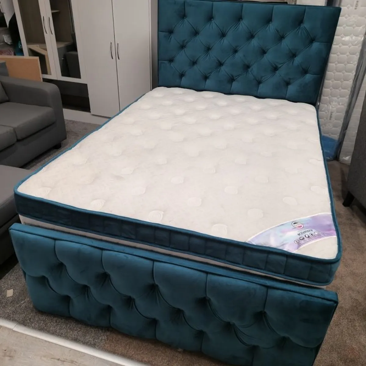 NEW Double bed with Mattress and Pin cushion headboard green Brand New was 1100 - Image 3