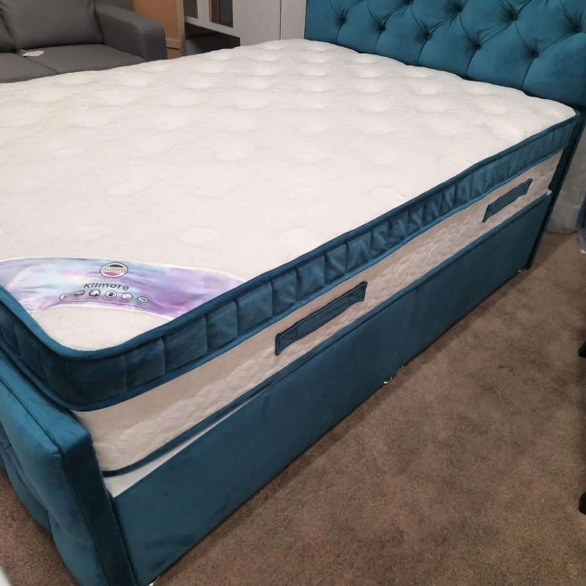 NEW Double bed with Mattress and Pin cushion headboard green Brand New was 1100 - Image 4