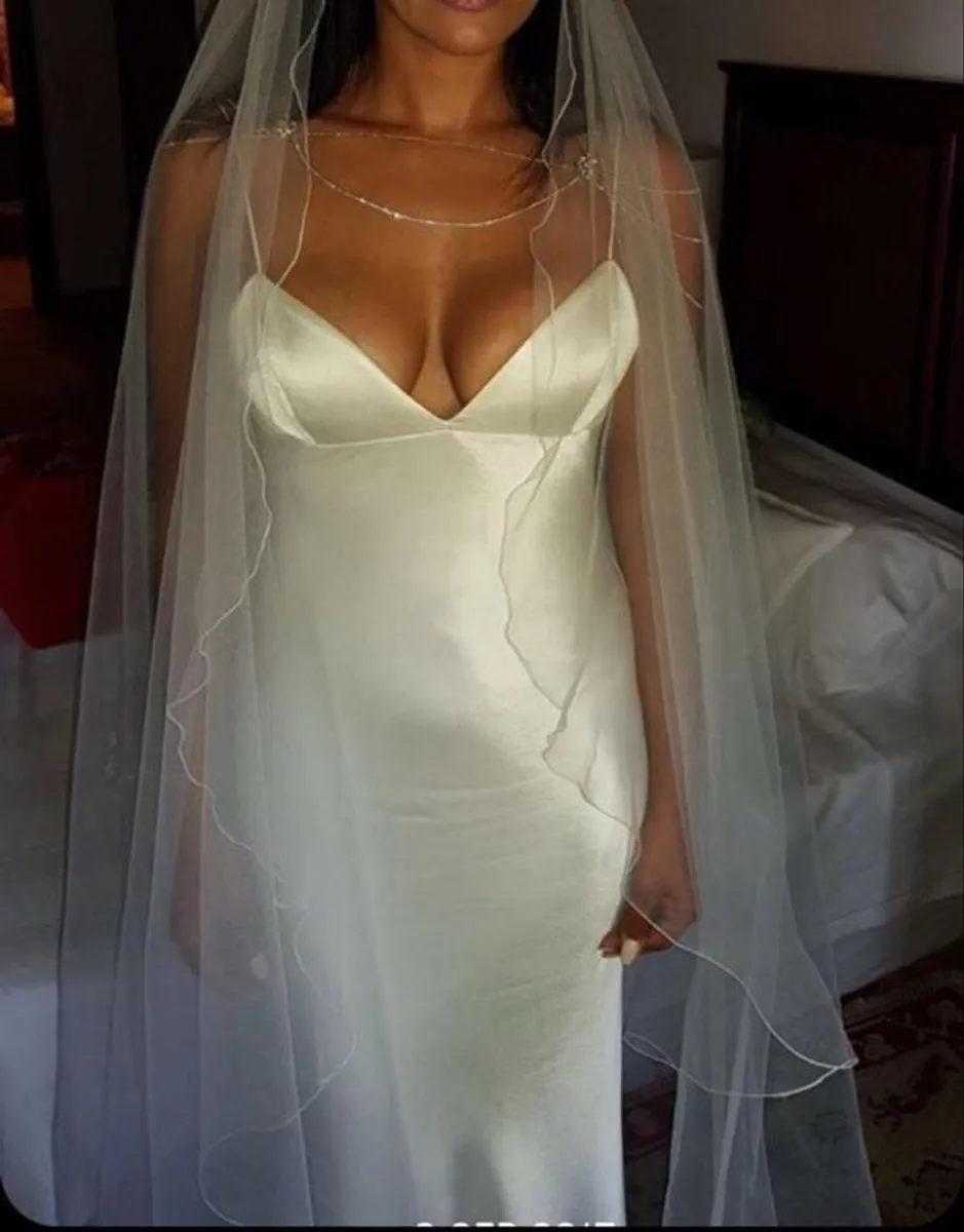 designer pearl colour  wedding dress and veil - Image 1