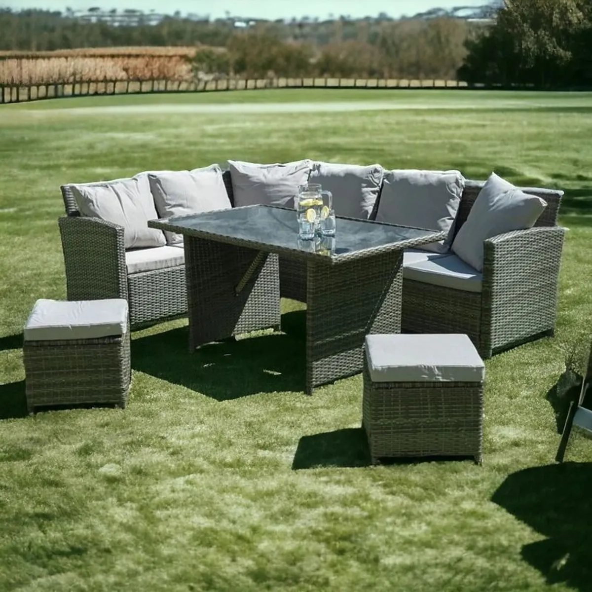 Rattan Corner Sofa Set with Dining Table & Poufs  Perfect for Outdoor Living! - Image 1