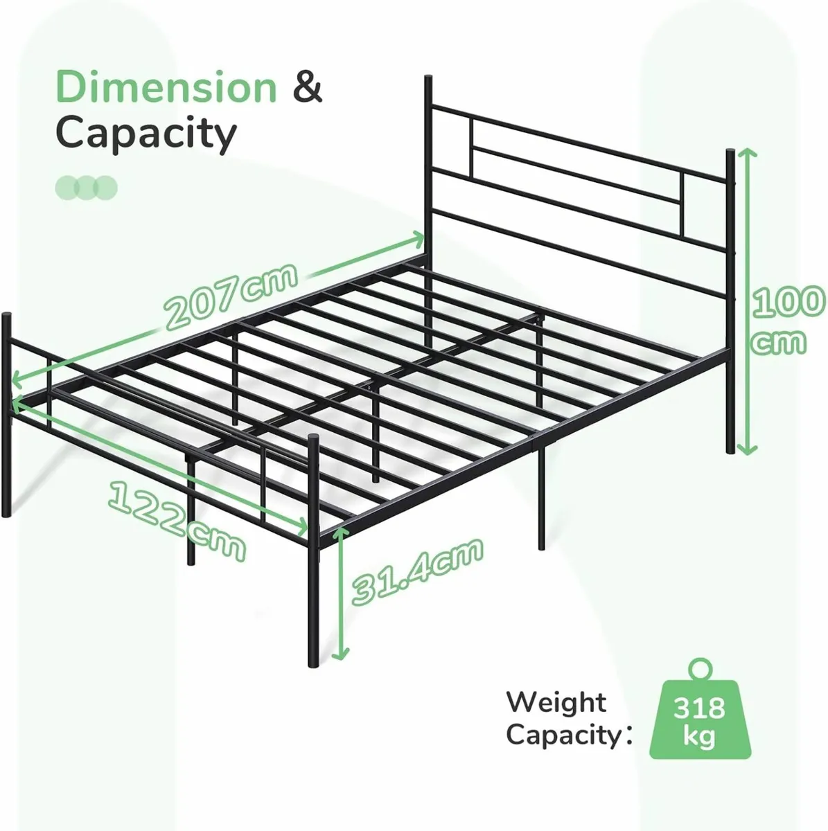 Double Metal Bed Frame Headboard 120x200cm, Black - Image 3