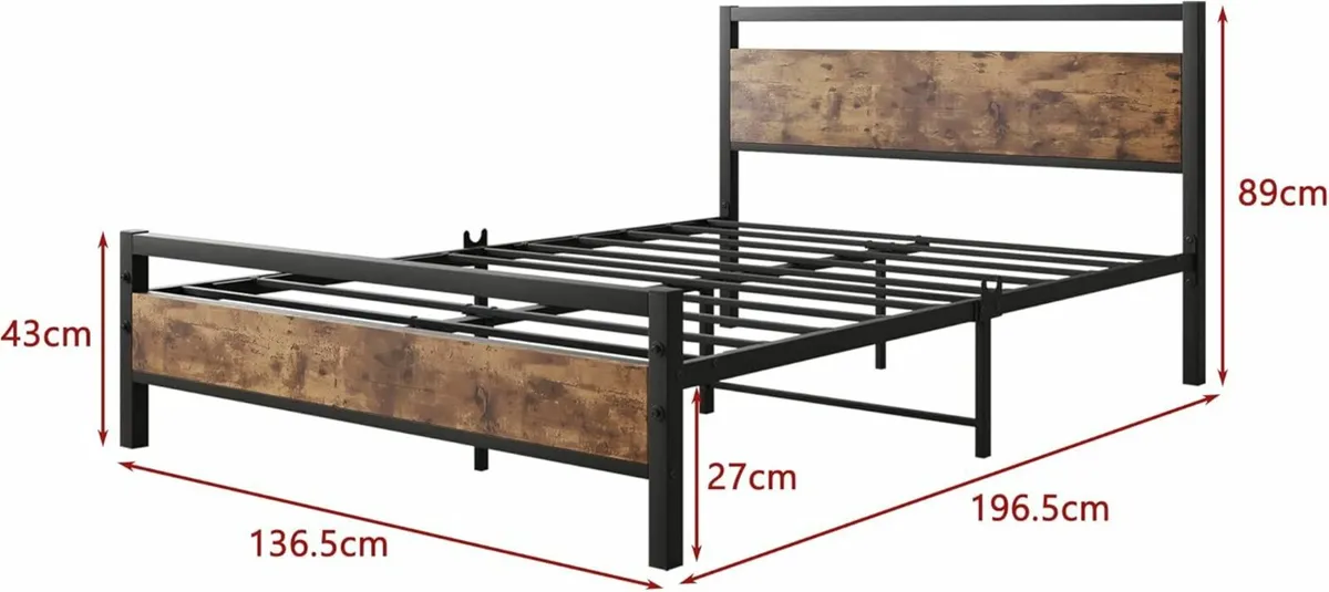 Double Bed Metal Frame Wooden Headboard 138x196cm - Image 2