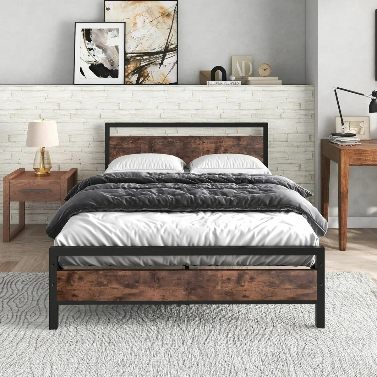 Double Bed Metal Frame Wooden Headboard 138x196cm - Image 3