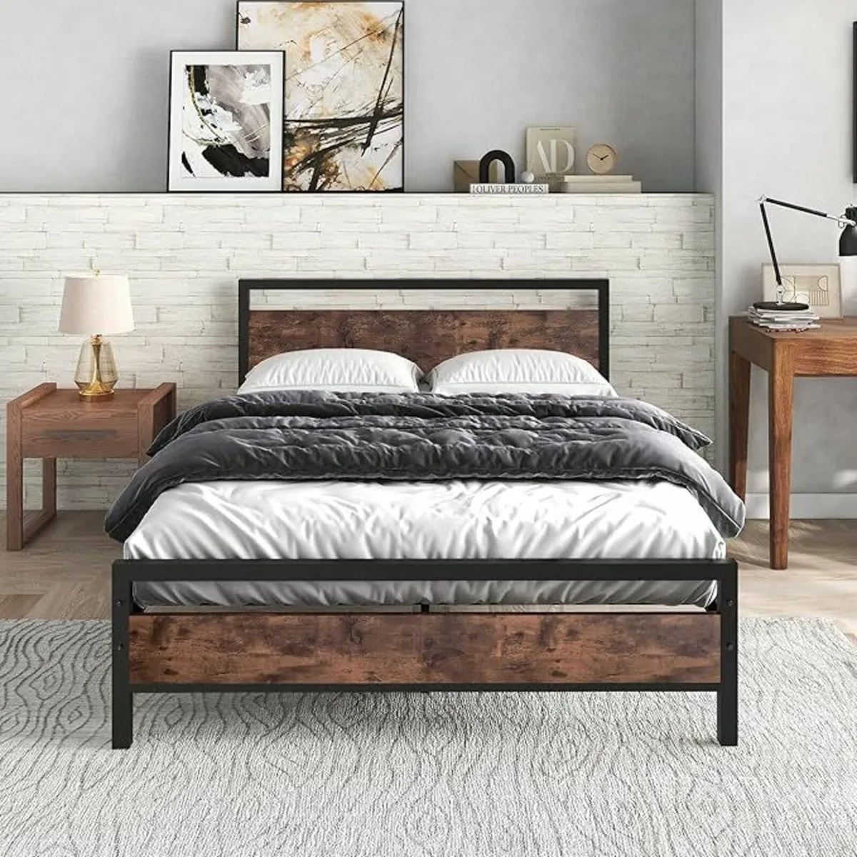 Double Bed Metal Frame Wooden Headboard 138x196cm - Image 1