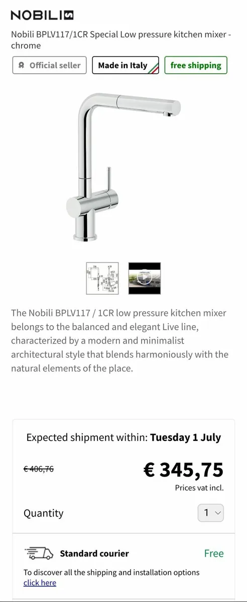 Nobili Italian made kitchen tap with pull out head - Image 2