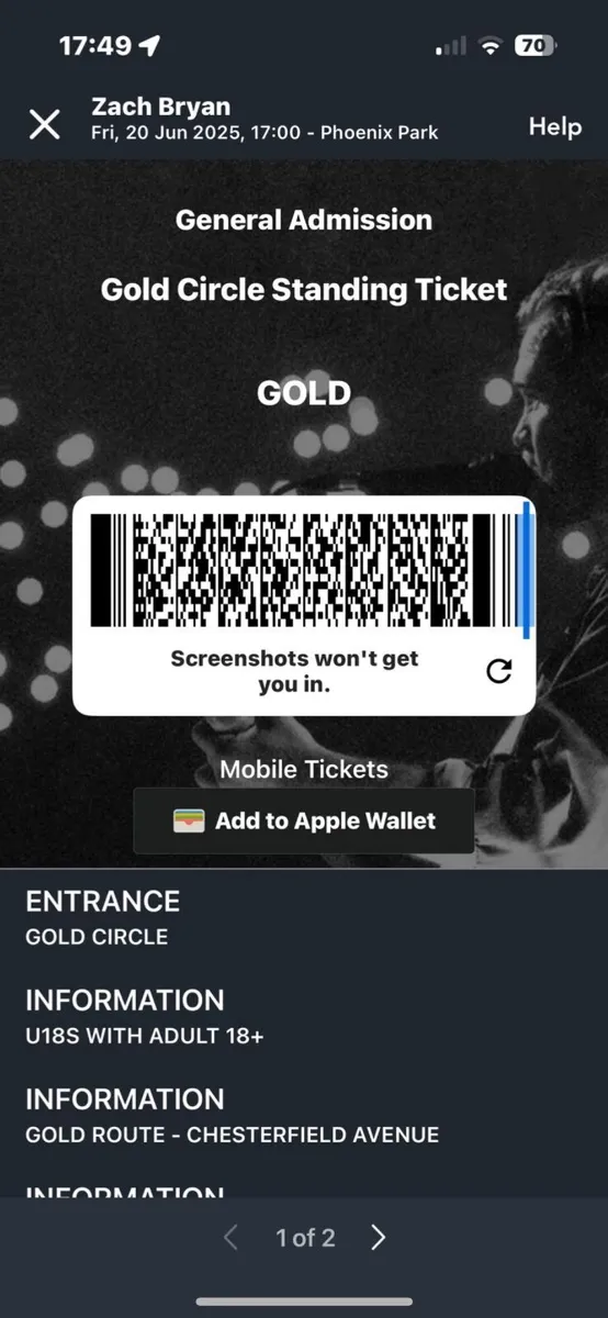 ZAC BRYAN GOLDEN CIRCLE X2 TICKETS - Image 1