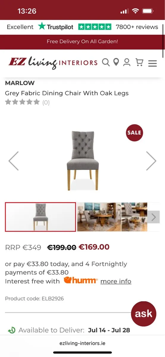 EZ Living Grey Fabric Dining Chair With Oak Legs - Image 4