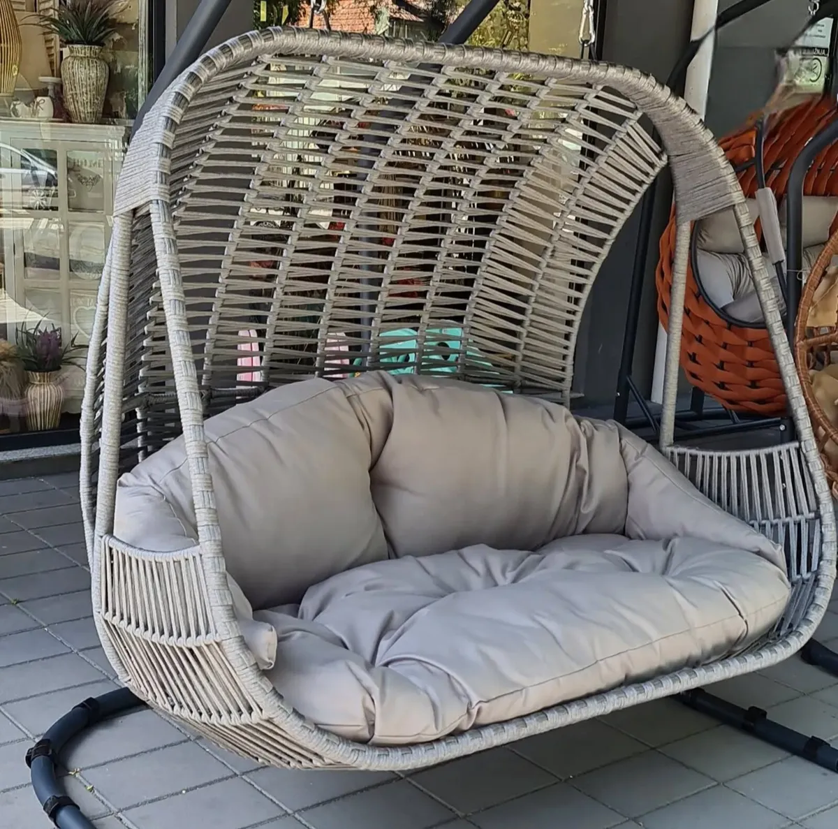 Double egg chair textile rope with cushion - Image 1