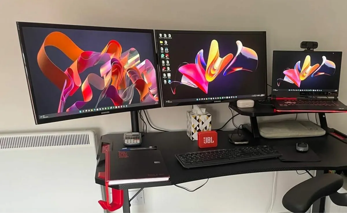 2 Curved LED Monitors with Dual Monitor Stand - Image 1
