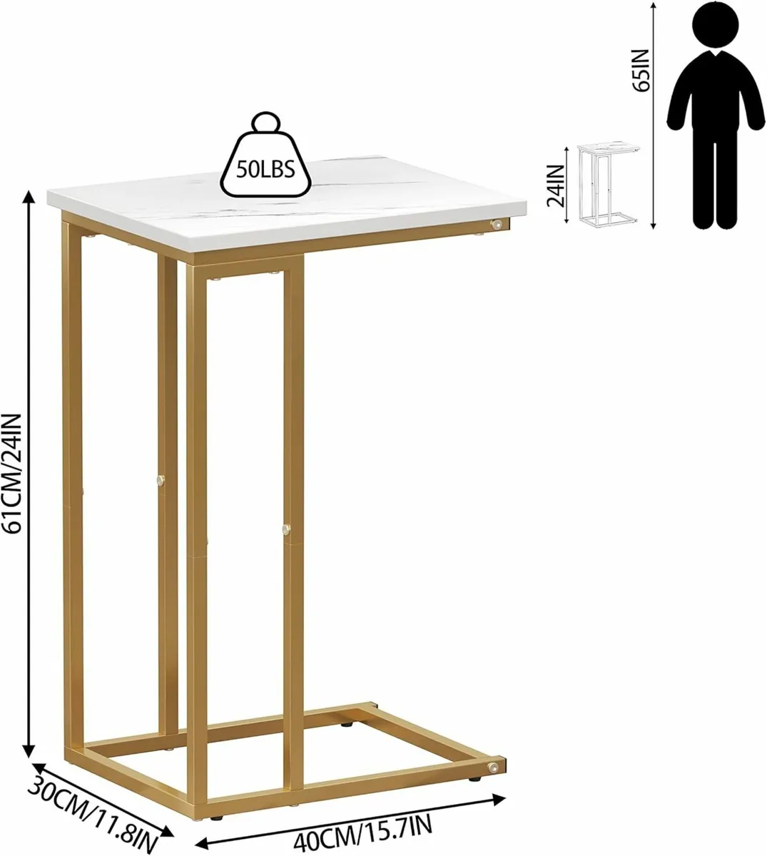 C Shaped Side Table Narrow Sofa End Table Gold - Image 2