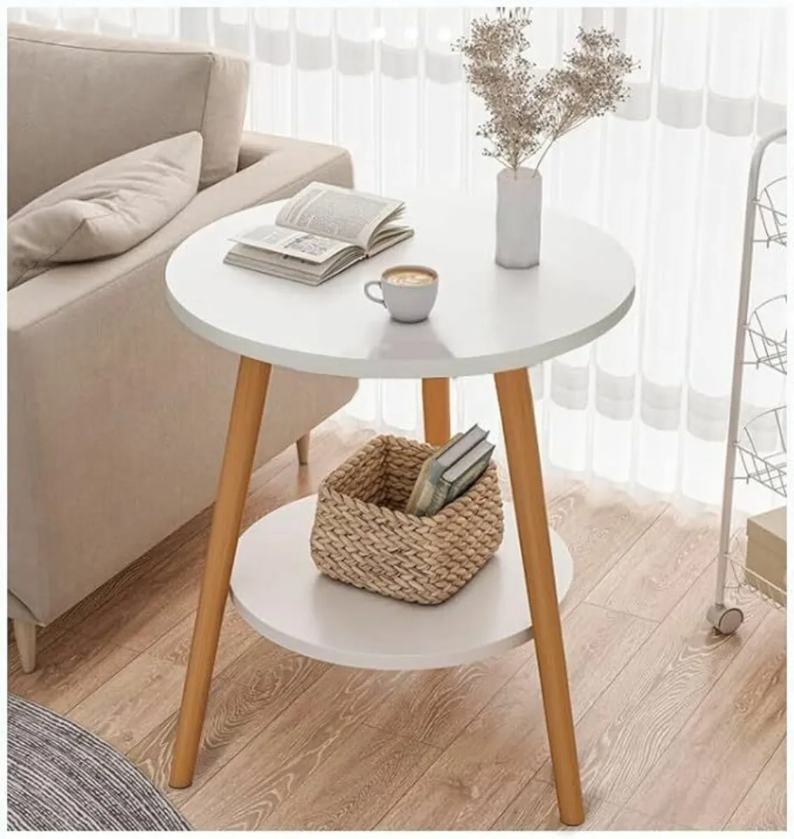 Round Side Table 2 Tier End Coffee Table White - Image 1