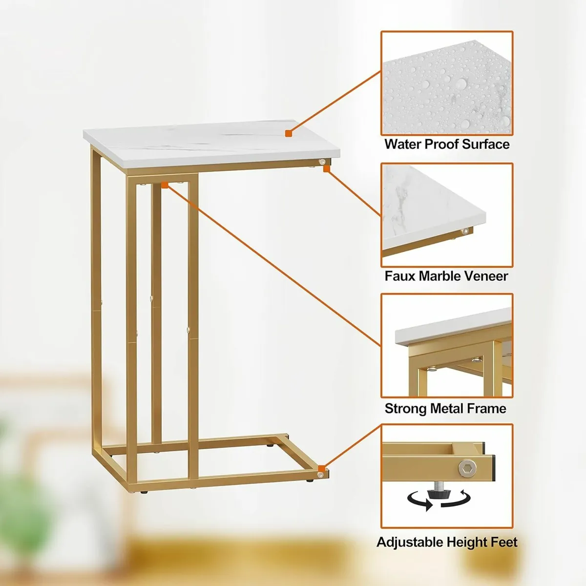 C Shaped Side Table Narrow Sofa End Table Gold - Image 4