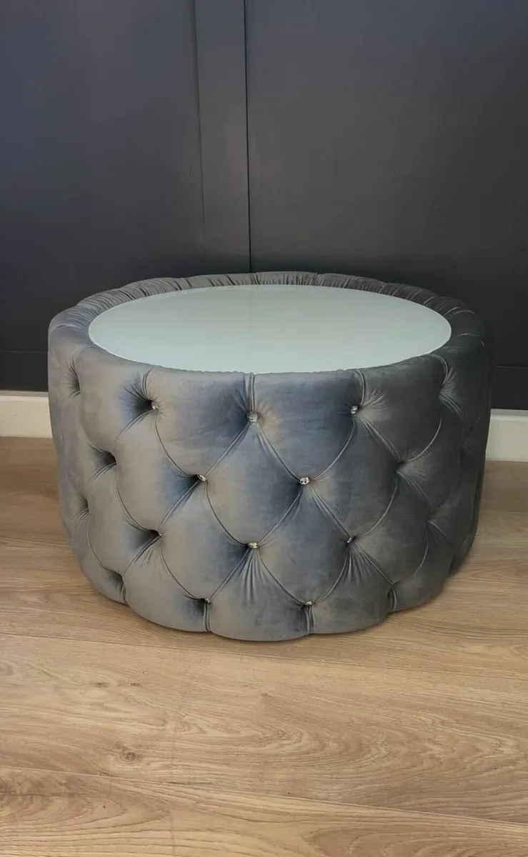 Velvet Button Tufted Round Coffee Table Chesterfie - Image 2