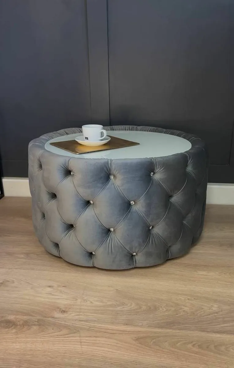 Velvet Button Tufted Round Coffee Table Chesterfie - Image 1