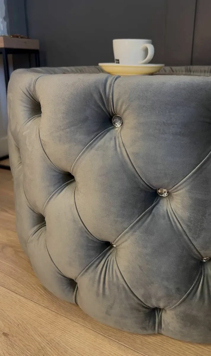 Velvet Button Tufted Round Coffee Table Chesterfie - Image 4