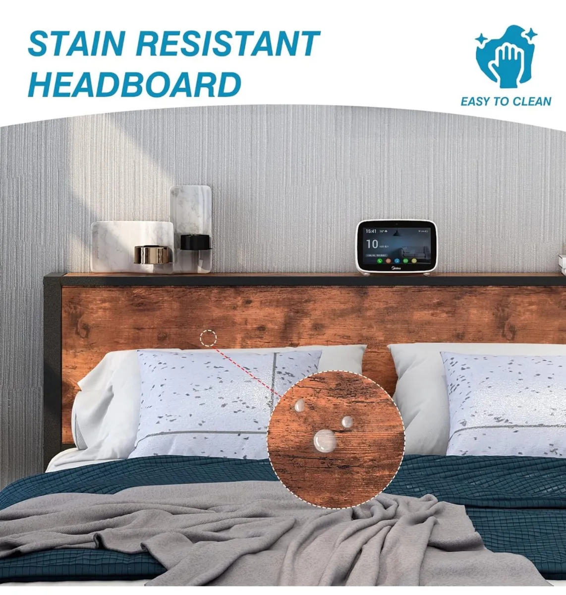 King Size Bed Frame with Storage Wooden Headboard - Image 2