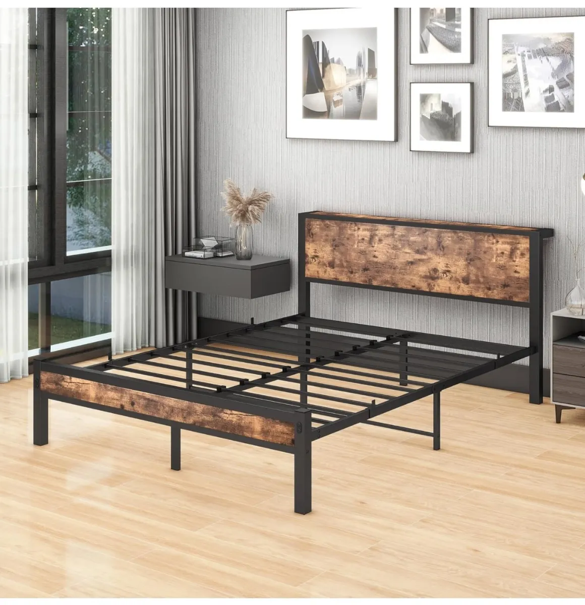 King Size Bed Frame with Storage Wooden Headboard - Image 3