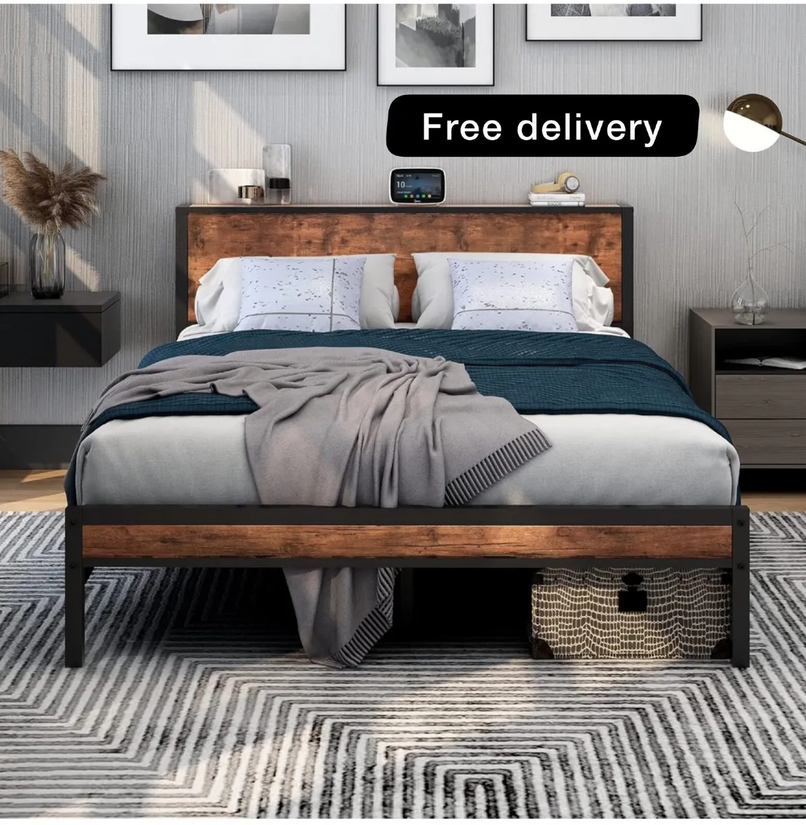 King Size Bed Frame with Storage Wooden Headboard - Image 1