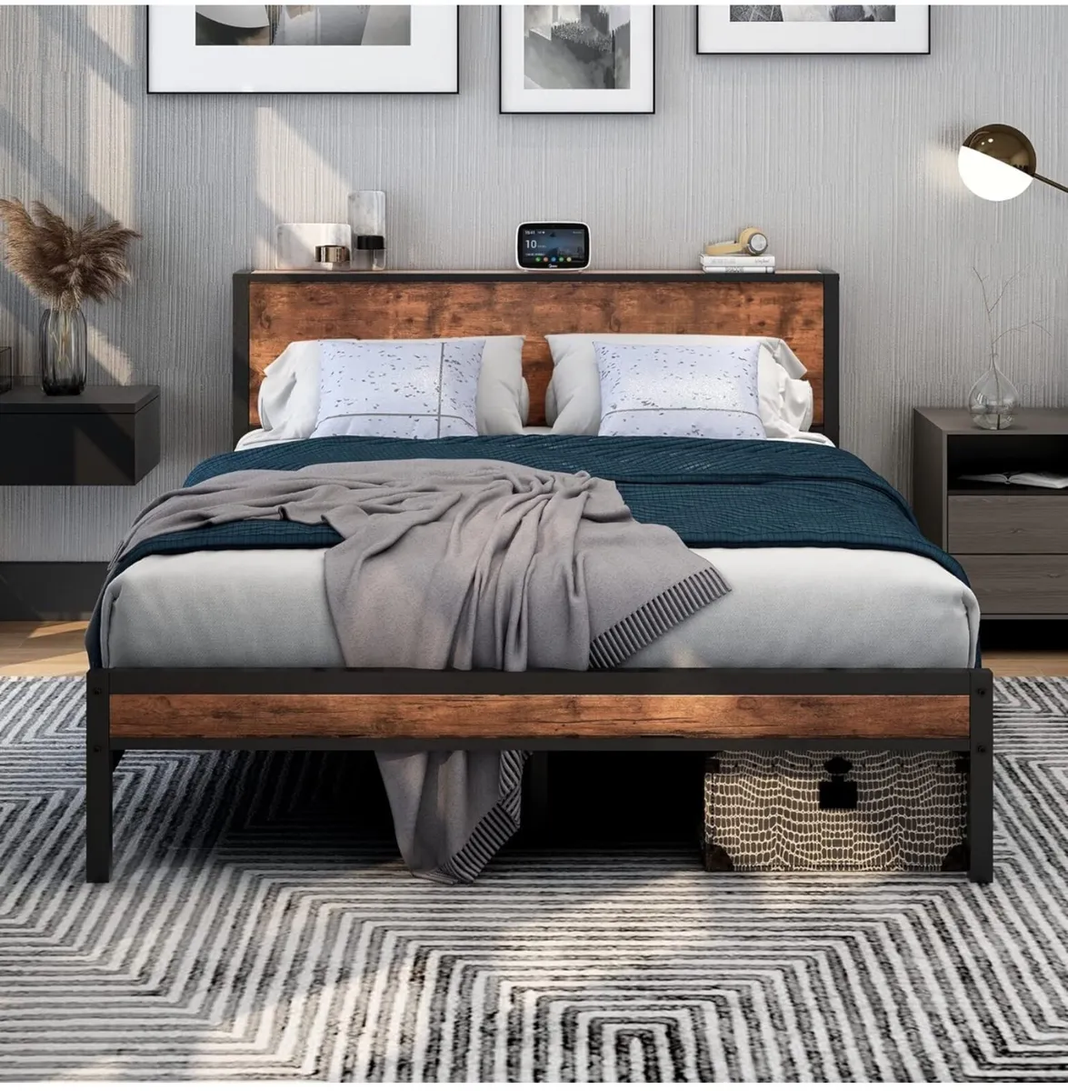 King Size Bed Frame with Storage Wooden Headboard - Image 4